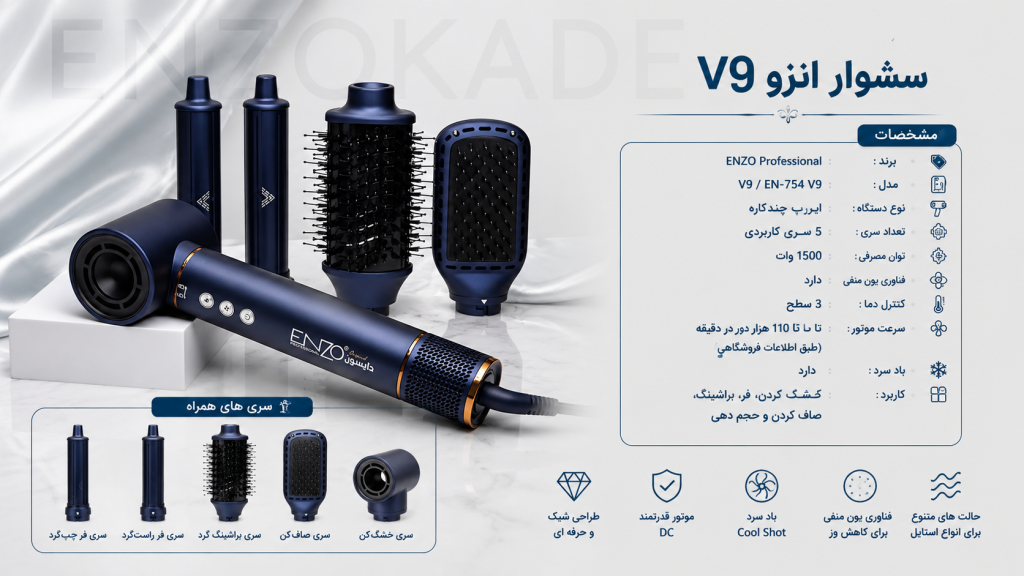سشوار انزو V9 / ایررپ 4 کاره 1 سشوار انزو V9 پروفیشینال | قیمت و خرید سشوار ENZO V9 مشابه دایسون 4 کاره